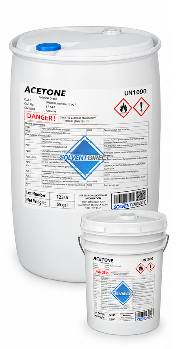 Acetone technical grade, 55 gallon drum and 5 gallon pail