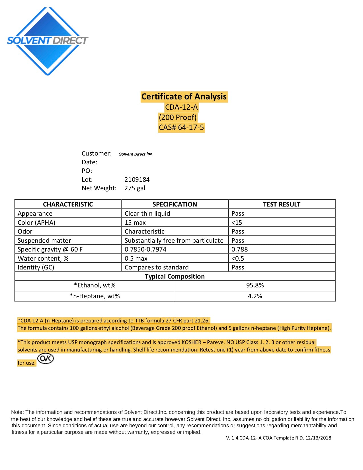 High-Purity CDA-12A Denatured Ethanol - 710 Solution